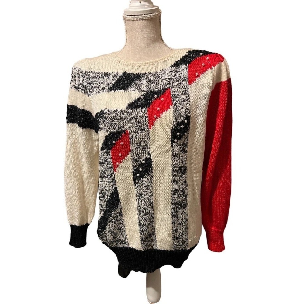 VTG 60s 70s Lilly Of California White Red Pearl Embellished Long Sleeve Sweater
